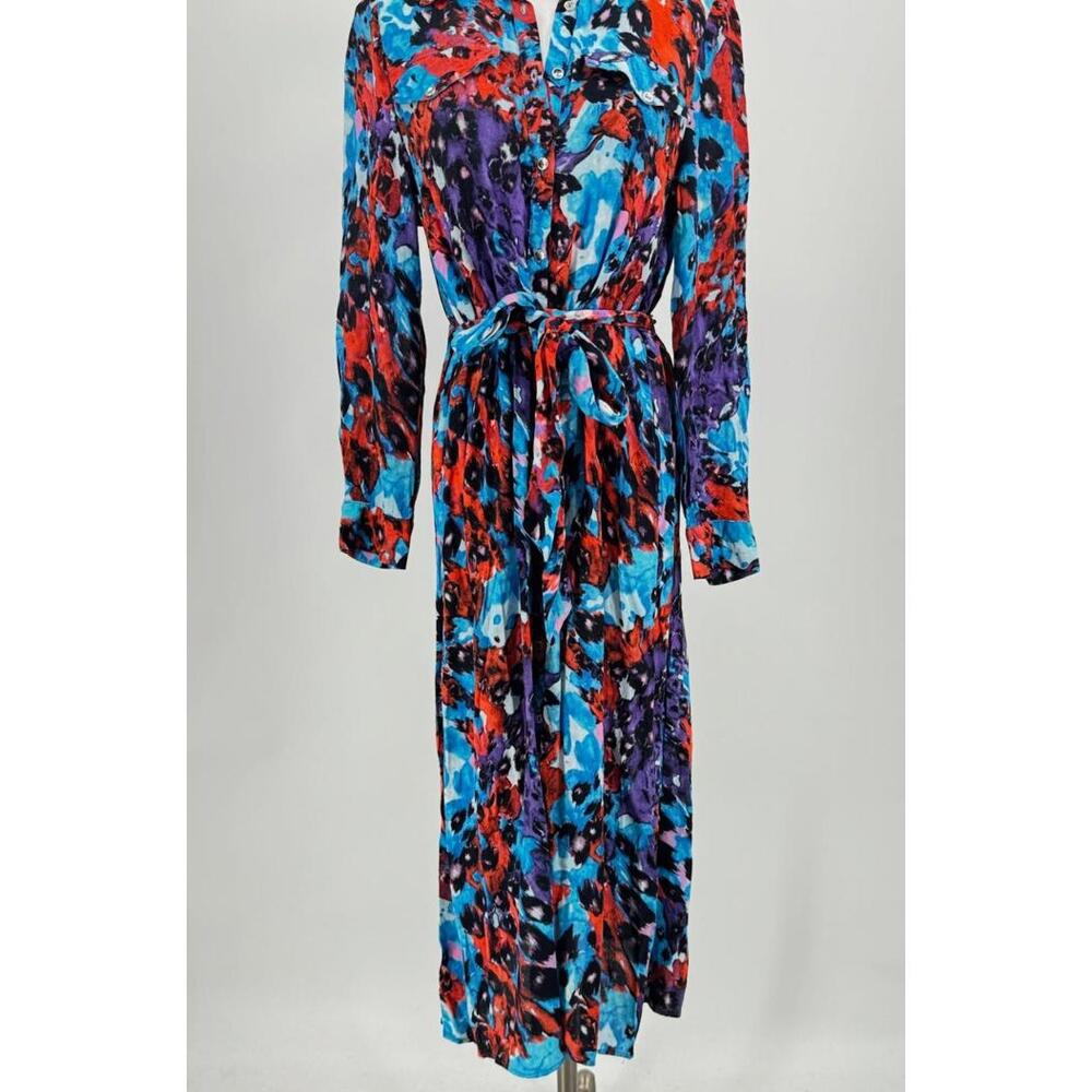 Karen Millen Petite Blue Red Print Collared Belted Button Front Shirt Dress Sz 6 - Picture 3 of 6